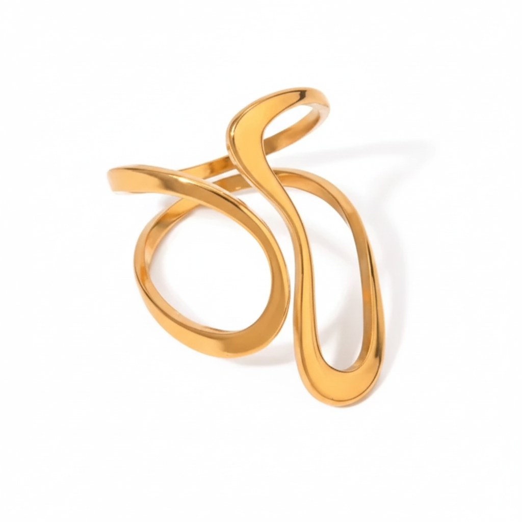 Chunky Wavy Contour Ring | 18K Gold Plated Molten Adjustable Band | Organic Waterproof Stainless Steel Statement Jewelry