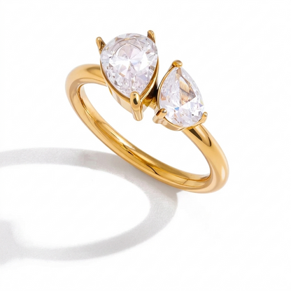 18K Gold Plated Double Stone CZ Open Ring | Waterproof Toi et Moi Ring | Round, Marquise & Pear Cut Diamond Style Ring