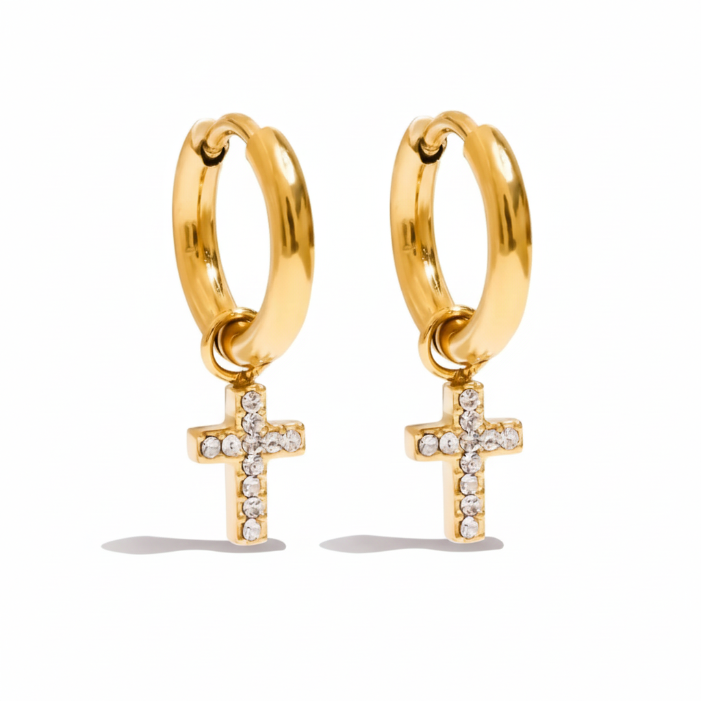 Cherry, Cross & Star Charm Huggie Hoop Earrings for Women – Gold Plated Waterproof Tarnish Free Stainless Steel Jewellery