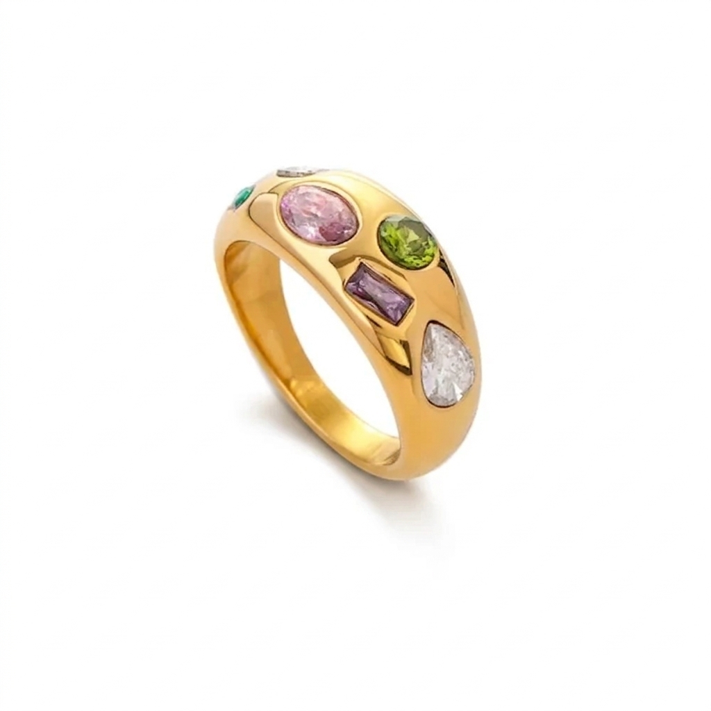 18K Gold Plated Celestial Star Dome Ring | Multicolour Crystal Starburst Ring | Waterproof Chunky Gold Band