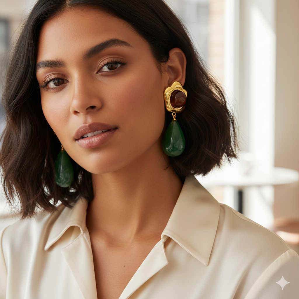 18K Gold Plated Green Drop Earrings – Waterproof Tarnish-Free Modern Statement Jewelry for Women