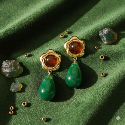 18K Gold Plated Green Drop Earrings – Waterproof Tarnish-Free Modern Statement Jewelry for Women