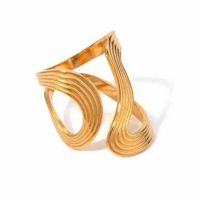 Chunky Wavy Contour Ring | 18K Gold Plated Molten Adjustable Band | Organic Waterproof Stainless Steel Statement Jewelry