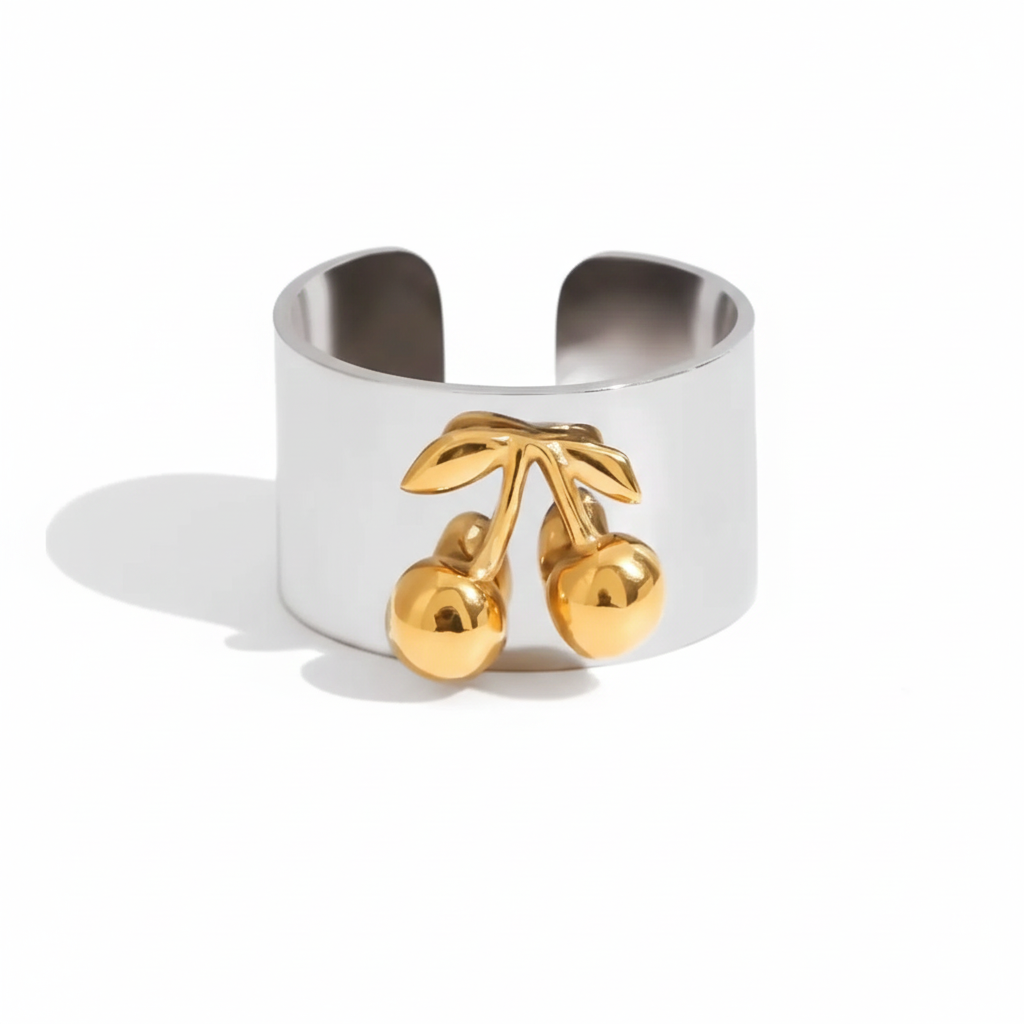 Chunky Two-Tone Gold & Silver Stainless Steel Statement Ring | Modern Wide Band Heart & Cherry Design | Waterproof Bicolor Fashion Jewelry