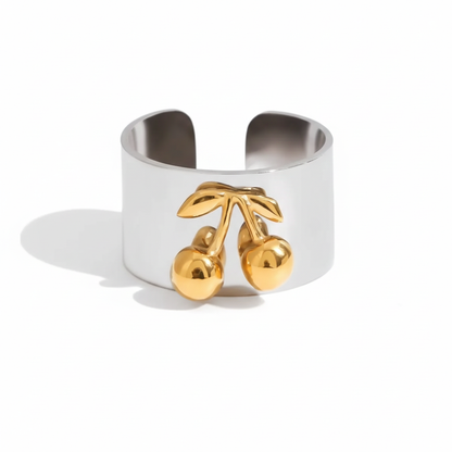 Chunky Two-Tone Gold & Silver Stainless Steel Statement Ring | Modern Wide Band Heart & Cherry Design | Waterproof Bicolor Fashion Jewelry