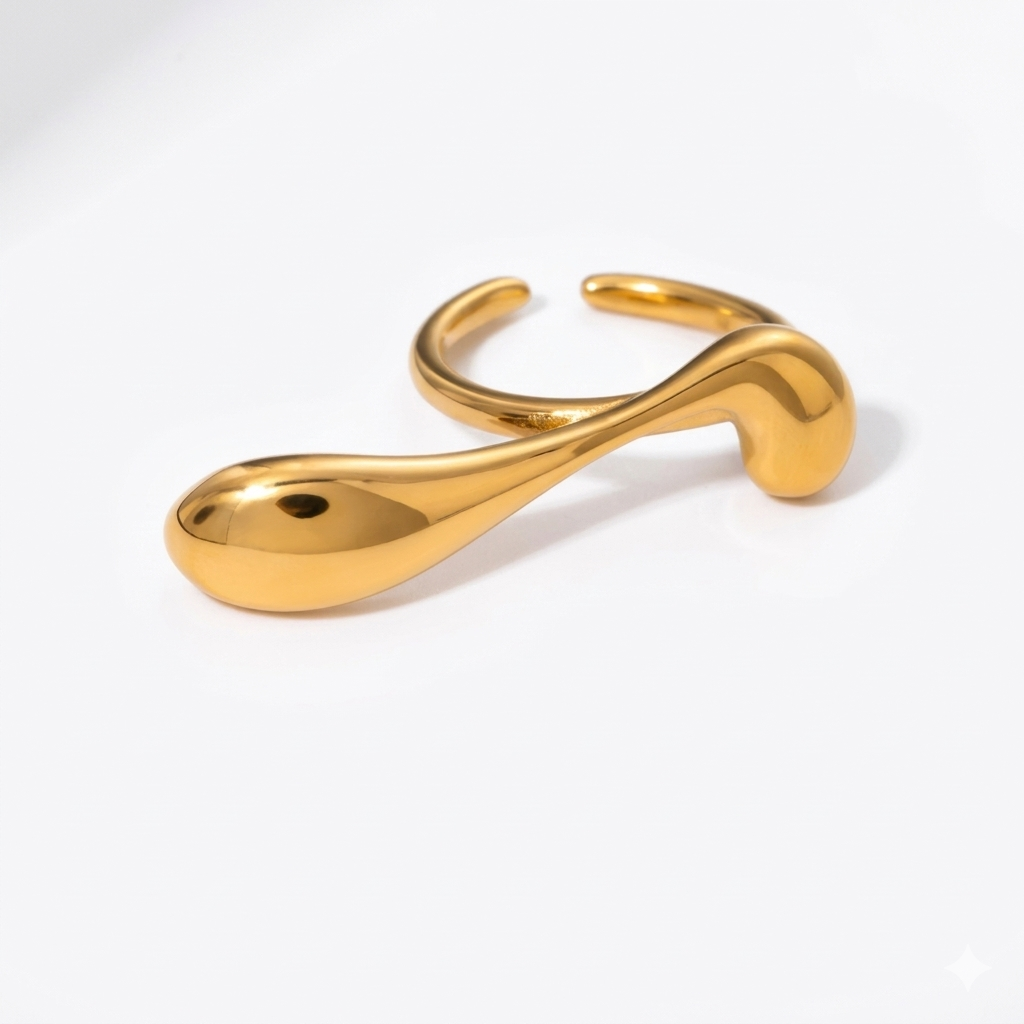 18K Gold Plated Liquid Teardrop Open Ring | Waterproof Molten Drop Sculptural Ring | Available in Gold & Silver