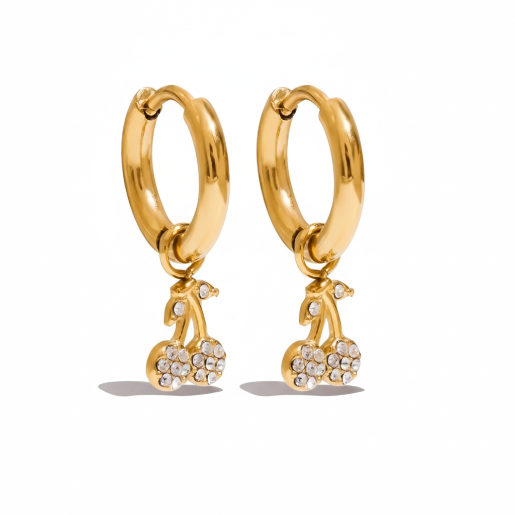 Cherry, Cross & Star Charm Huggie Hoop Earrings for Women – Gold Plated Waterproof Tarnish Free Stainless Steel Jewellery