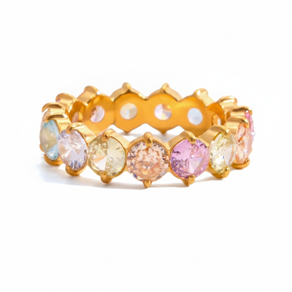 Luxurious Gold Plated Ruby Eternity Ring | Stackable Pink Gemstone Band | Dainty Full Circle Jewelry for Women
