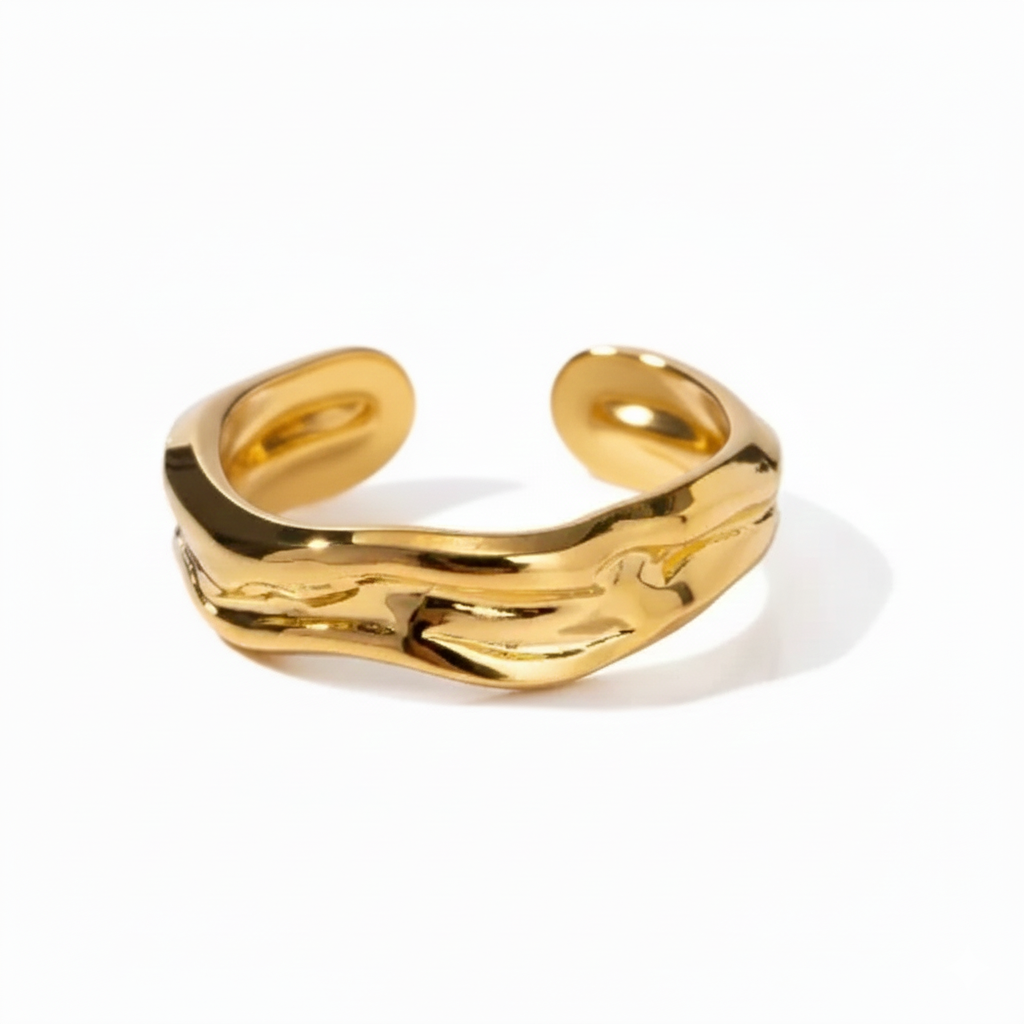Chunky Wavy Contour Ring | 18K Gold Plated Molten Adjustable Band | Organic Waterproof Stainless Steel Statement Jewelry