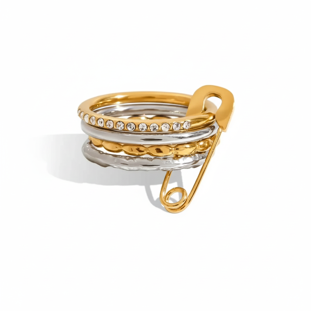 Edgy Safety Pin Stackable Ring Set | Mixed Metal Gold & Silver Tone Stainless Steel