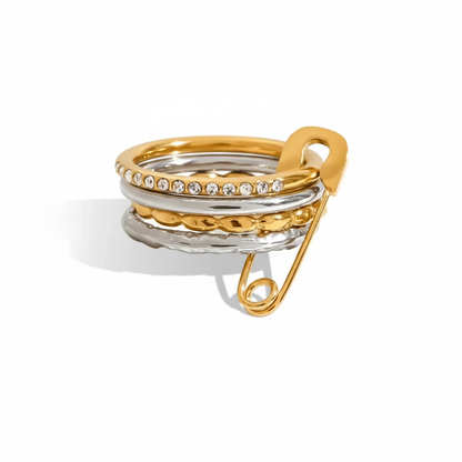 Edgy Safety Pin Stackable Ring Set | Mixed Metal Gold & Silver Tone Stainless Steel