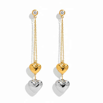 Two-Tone Heart Drop Earrings for Women | 18K Gold Plated Waterproof Tarnish-Free Dangle Earrings
