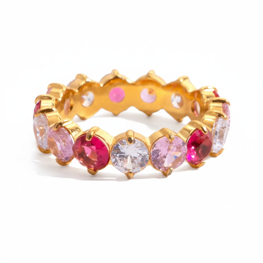 Luxurious Gold Plated Ruby Eternity Ring | Stackable Pink Gemstone Band | Dainty Full Circle Jewelry for Women