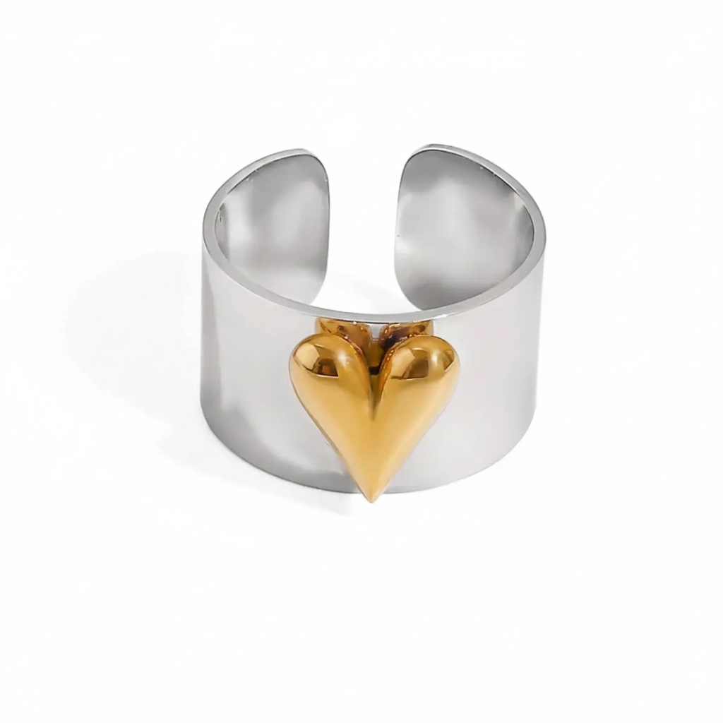 Chunky Two-Tone Gold & Silver Stainless Steel Statement Ring | Modern Wide Band Heart & Cherry Design | Waterproof Bicolor Fashion Jewelry