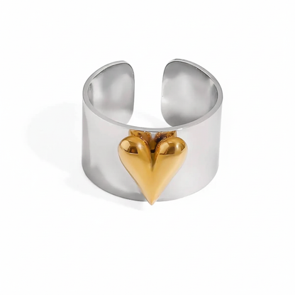 Chunky Two-Tone Gold & Silver Stainless Steel Statement Ring | Modern Wide Band Heart & Cherry Design | Waterproof Bicolor Fashion Jewelry