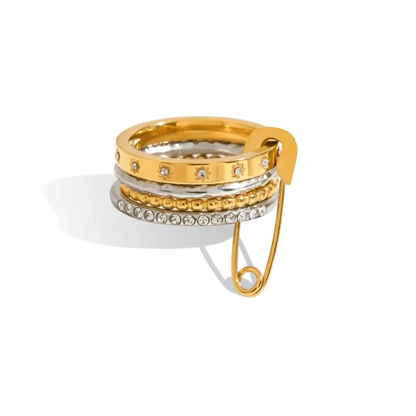 Edgy Safety Pin Stackable Ring Set | Mixed Metal Gold & Silver Tone Stainless Steel