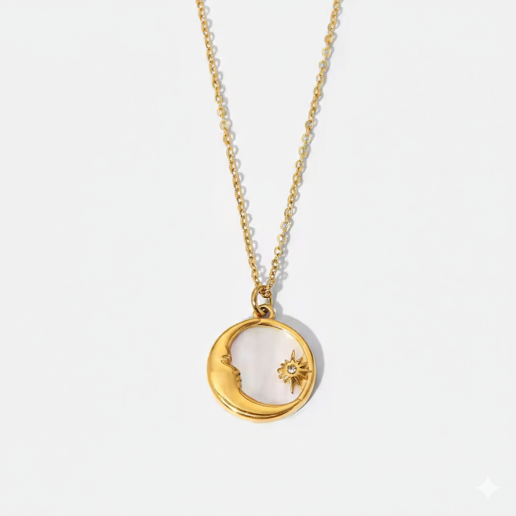 Gouden Parelmoer Zon Maan Ketting | Waterdichte Hemelse Sieraden