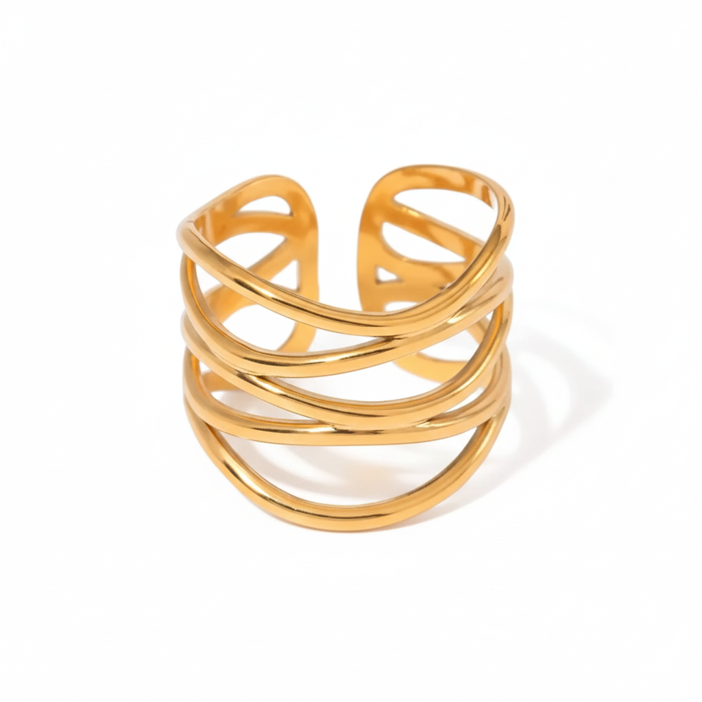 Chunky Wavy Contour Ring | 18K Gold Plated Molten Adjustable Band | Organic Waterproof Stainless Steel Statement Jewelry