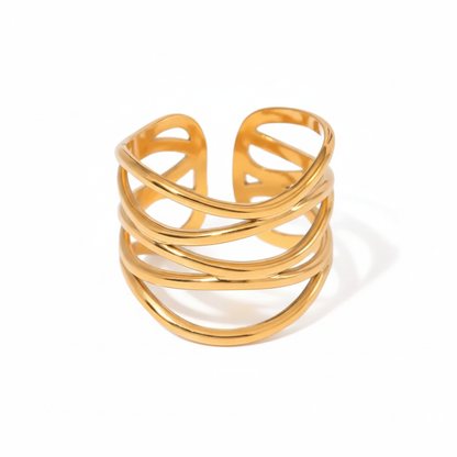 Chunky Wavy Contour Ring | 18K Gold Plated Molten Adjustable Band | Organic Waterproof Stainless Steel Statement Jewelry