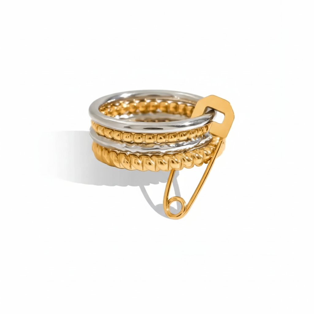 Edgy Safety Pin Stackable Ring Set | Mixed Metal Gold & Silver Tone Stainless Steel