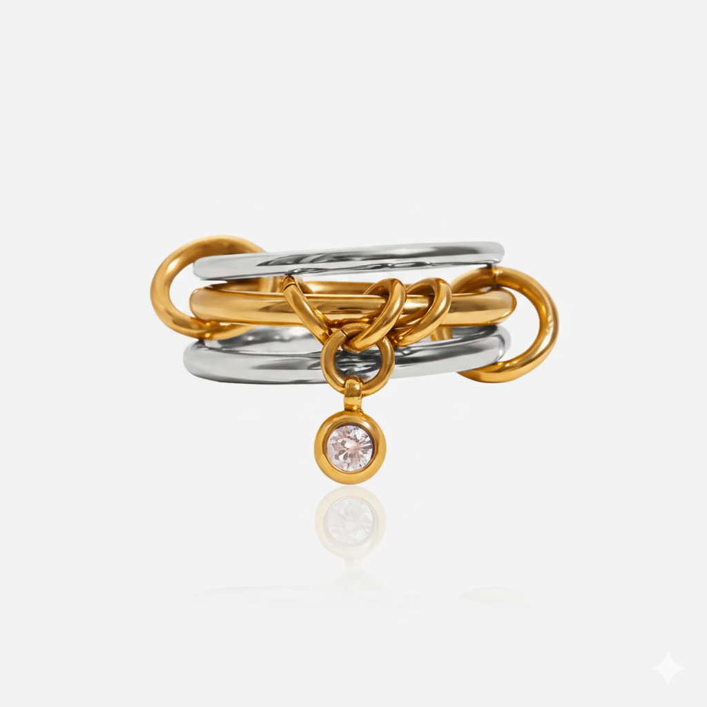 Multi-Band Dangle Charm Ring | Chunky Two-Tone or 18 K Gold Stackable Statement Ring | CZ Drop Waterproof Stainless Steel Jewelry