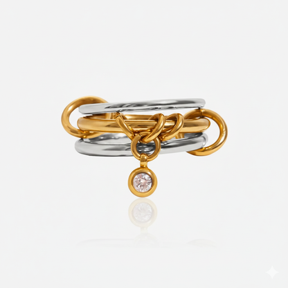 Multi-Band Dangle Charm Ring | Chunky Two-Tone or 18 K Gold Stackable Statement Ring | CZ Drop Waterproof Stainless Steel Jewelry