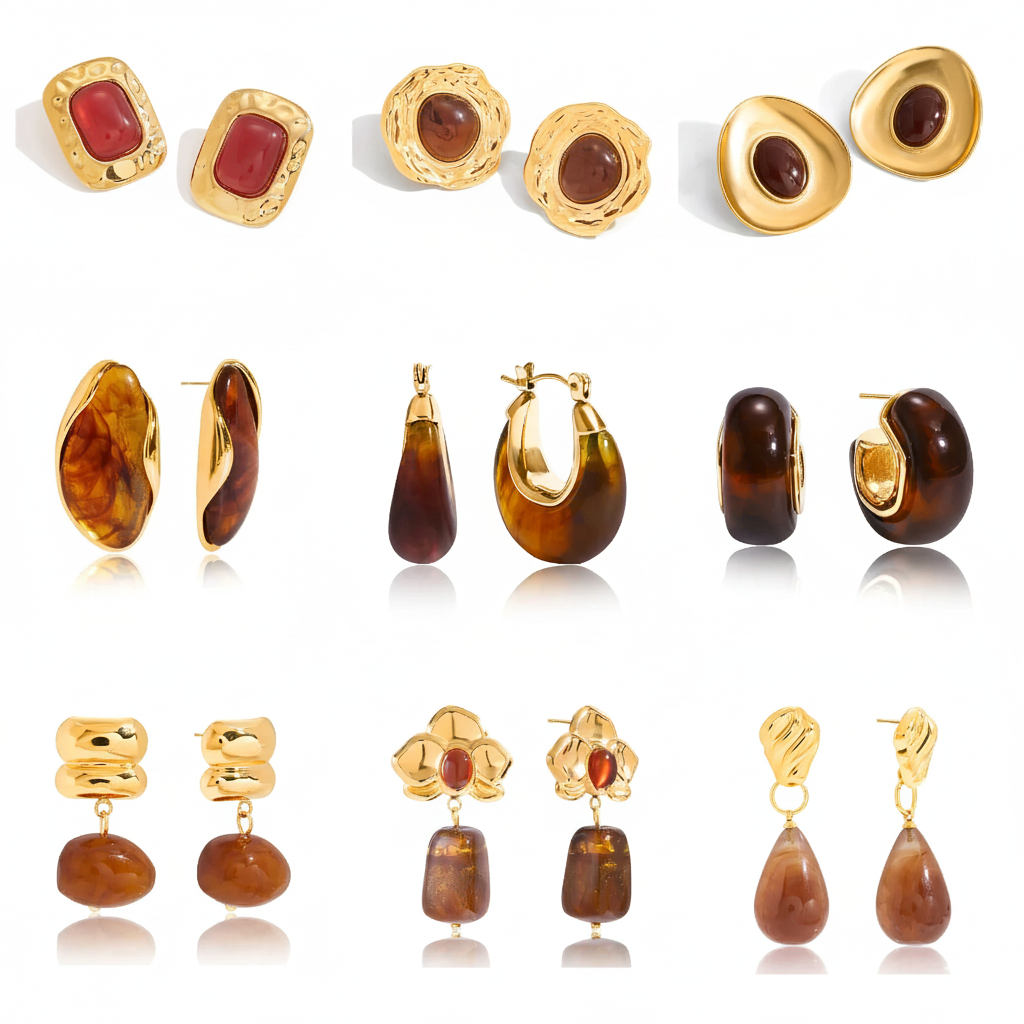 18K Gold Plated Resin Stone Earrings Set – Waterproof Tarnish-Free Modern Statement Jewelry for Women