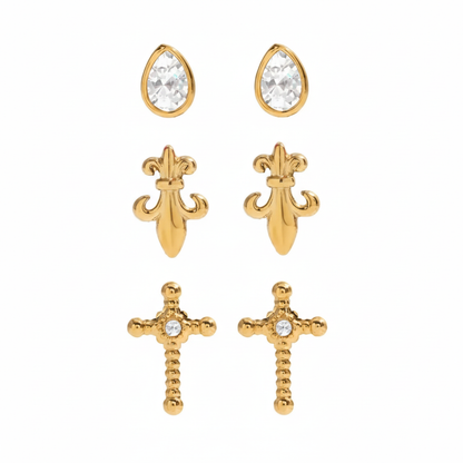 3 Pairs/Set Water Drop Snake Cross Stud Earrings For Women 18K Gold Plated Stainless Steel Earrings Fashion Jewelry