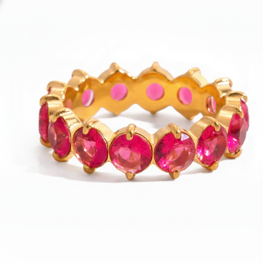 Luxurious Gold Plated Ruby Eternity Ring | Stackable Pink Gemstone Band | Dainty Full Circle Jewelry for Women