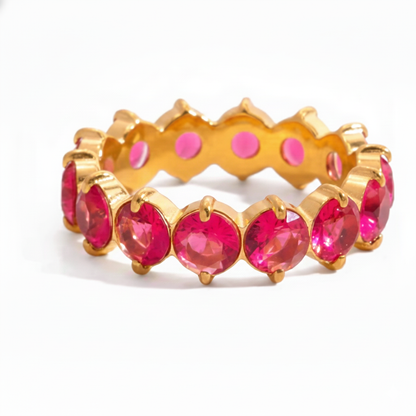 Luxurious Gold Plated Ruby Eternity Ring | Stackable Pink Gemstone Band | Dainty Full Circle Jewelry for Women