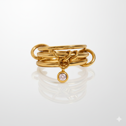 Multi-Band Dangle Charm Ring | Chunky Two-Tone or 18 K Gold Stackable Statement Ring | CZ Drop Waterproof Stainless Steel Jewelry