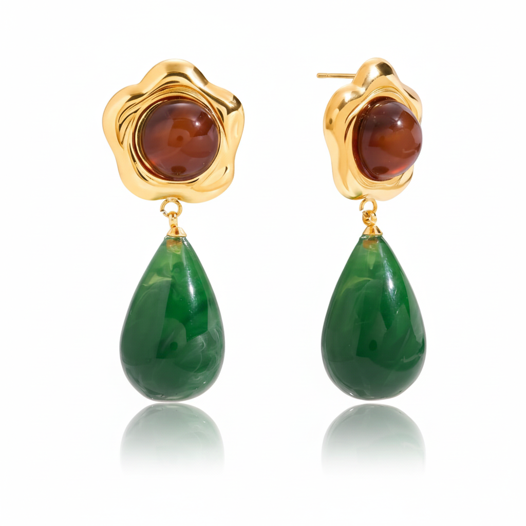 18K Gold Plated Green Drop Earrings – Waterproof Tarnish-Free Modern Statement Jewelry for Women