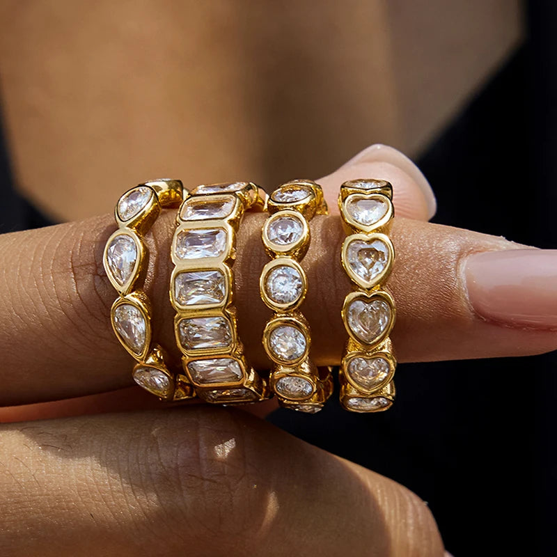 Luxury Gold Stacked Ring Set – Multi-Shape Crystal Bands (Heart, Round, Teardrop, Baguette)
