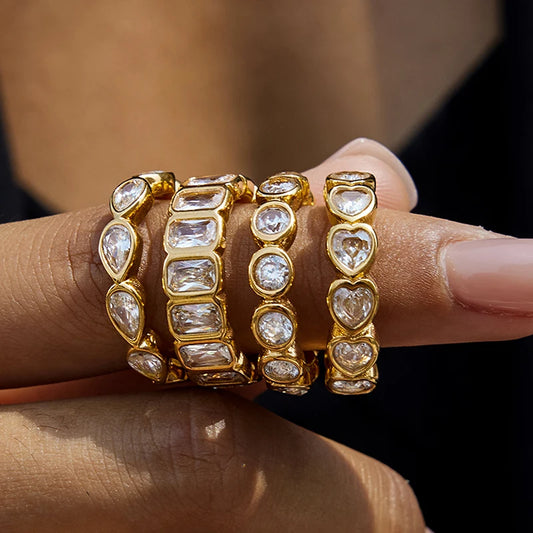 Luxury Gold Stacked Ring Set – Multi-Shape Crystal Bands (Heart, Round, Teardrop, Baguette)