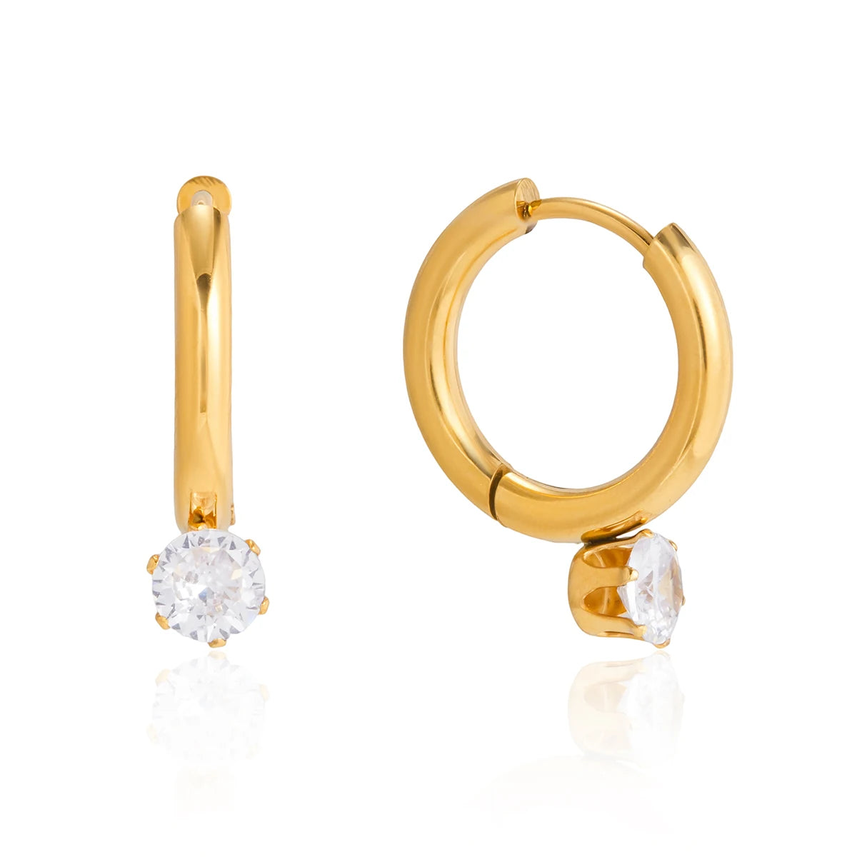 18K Gold Plated Huggie Hoop Earrings with Solitaire CZ Drop | Waterproof Round Brilliant Crystal Dangle Hoop Earrings | Minimalist Diamond Style Earrings
