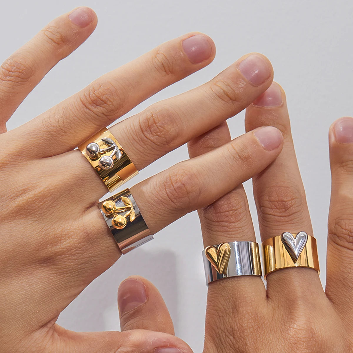Chunky Two-Tone Gold & Silver Stainless Steel Statement Ring | Modern Wide Band Heart & Cherry Design | Waterproof Bicolor Fashion Jewelry