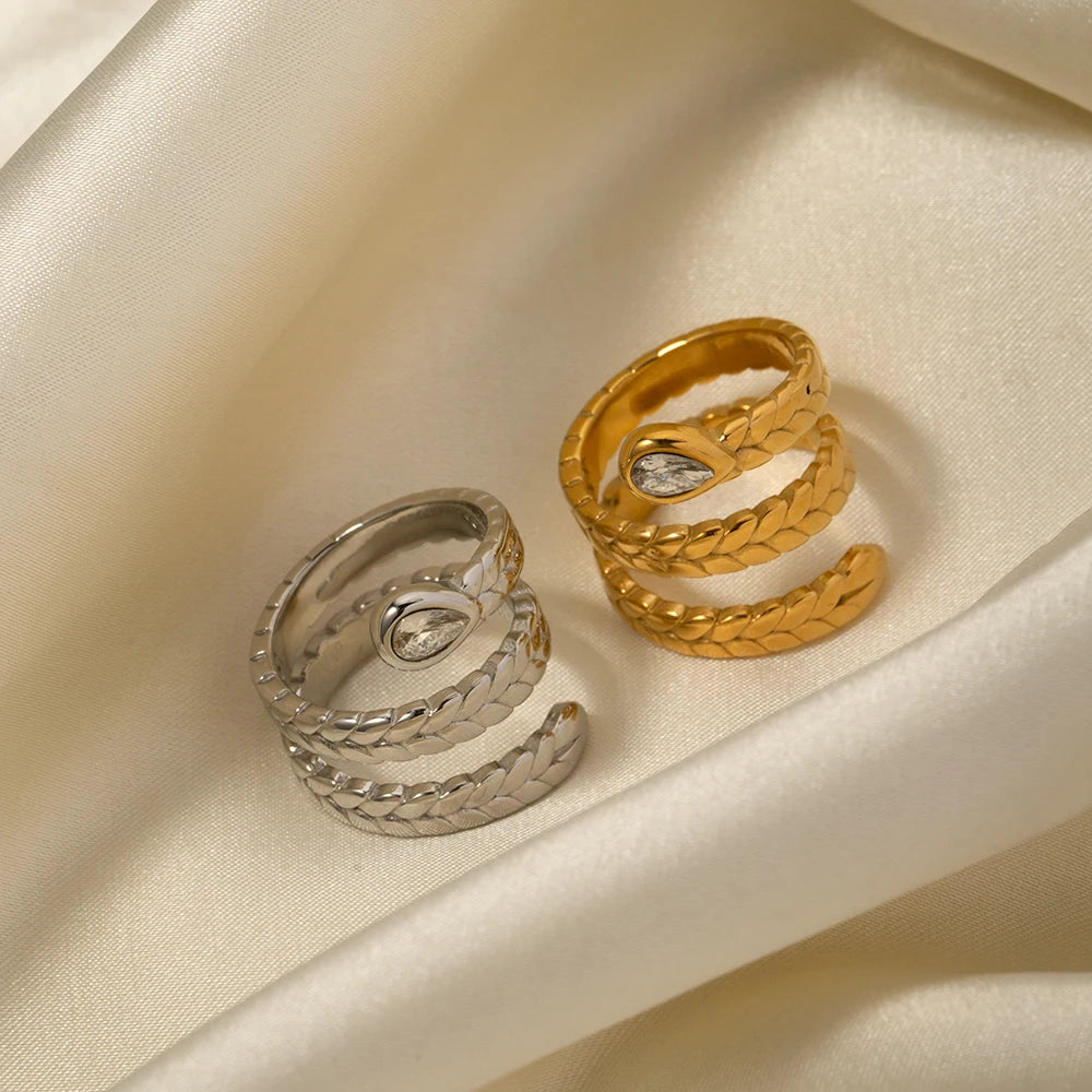 18K Gold Plated Snake Wrap Ring with Crystal – Adjustable, Waterproof & Tarnish-Free (Gold & Silver)