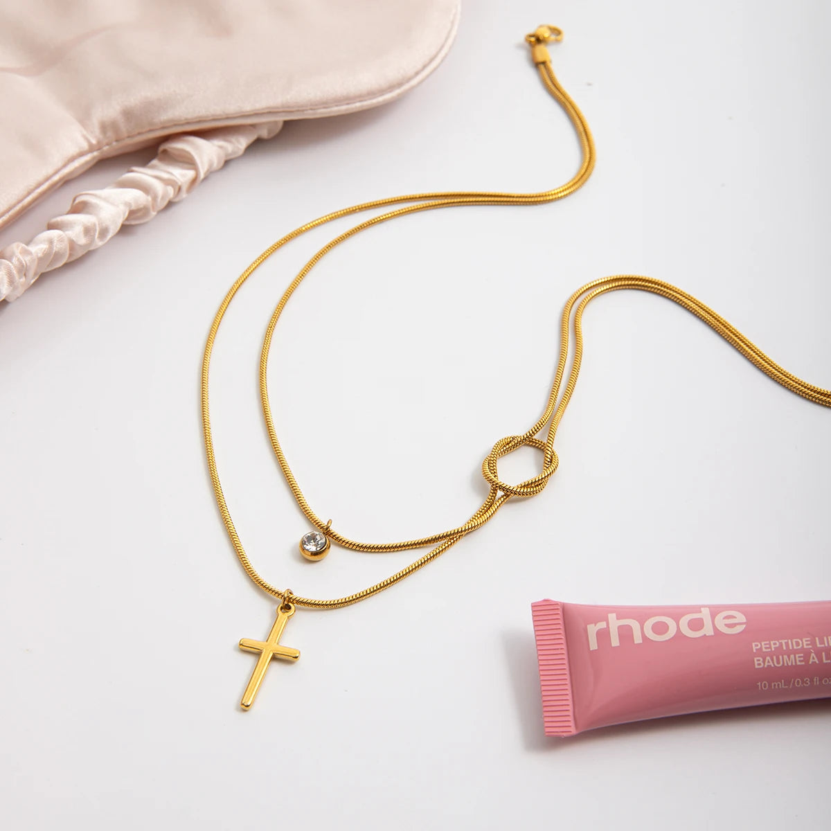 Gelaagde Gouden Kruisketting | Slangenketting Knoop & Solitaire Druppel
