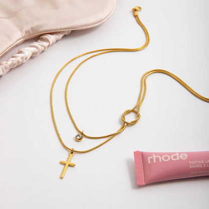 Gelaagde Gouden Kruisketting | Slangenketting Knoop & Solitaire Druppel