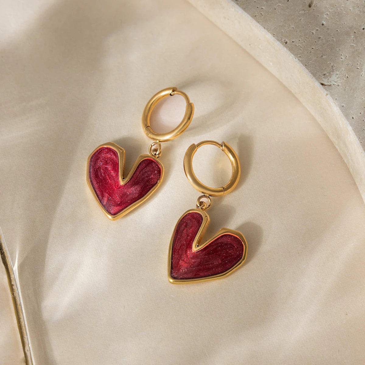Premium 18K Gold Plated Red Heart Necklace & Hoop Earrings Set for Women – Waterproof & Tarnish-Free Jewellery & Jewelry