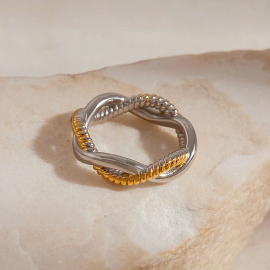 Chunky Two-Tone Twisted Knot Ring | 18K Gold Plated Stainless Steel Bicolor Statement Ring | Sculptural Modern Inlay Jewelry