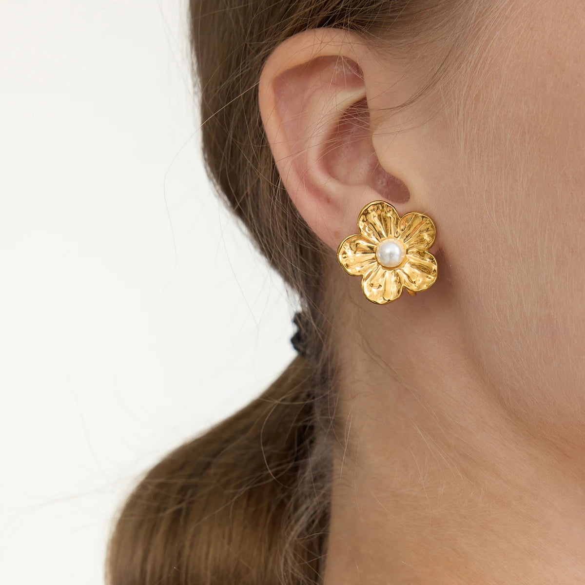 Gold Plated Flower Pearl Clip-On Earrings for Women – Waterproof Tarnish Free Stainless Steel Fashion Jewellery