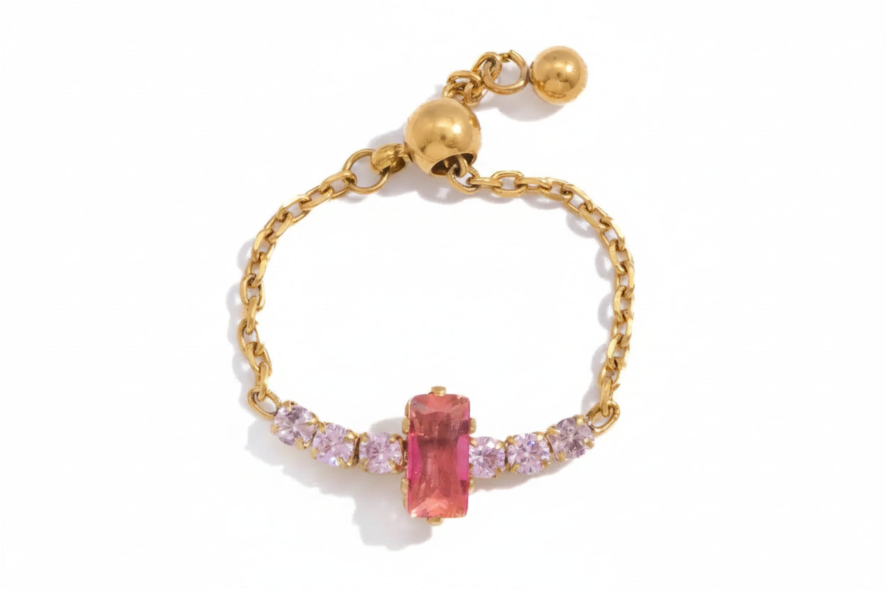 18K Verguld Kleurrijk Kristal Verstelbare Kettingring | Waterdichte Fijn Gouden Kettingring | 6 Stijlen — Blauw, Lavendel, Roze, Vlinder & Multi-Stone