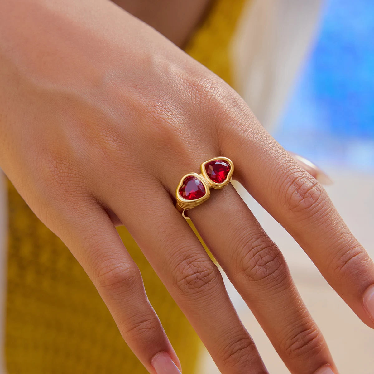 18K Gold Plated Double Red Heart Crystal Ring | Waterproof Toi et Moi Statement Ring | Bezel Set Heart Ring