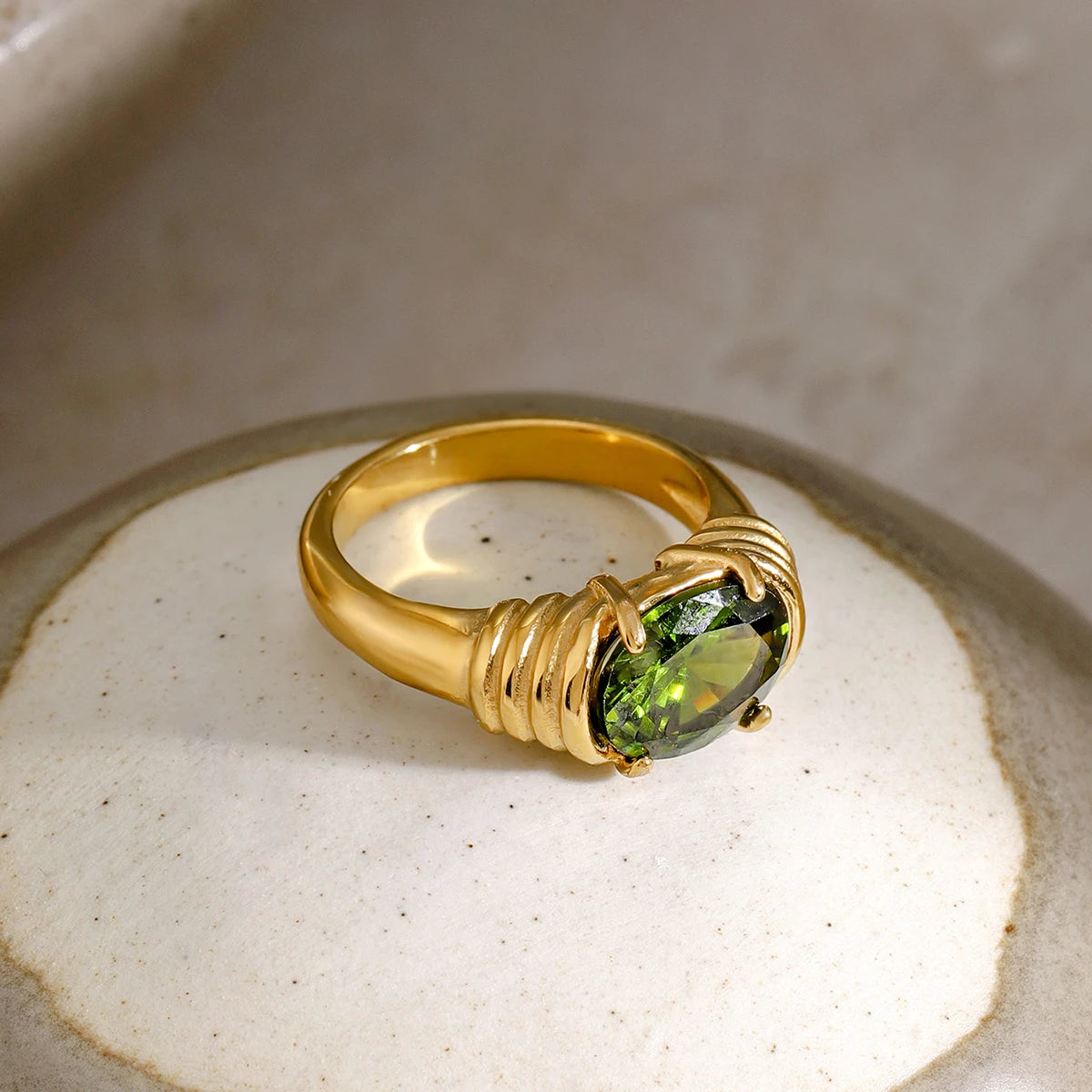 18K Gold Plated Oval Gemstone Ring – Waterproof, Tarnish-Free Statement Jewellery