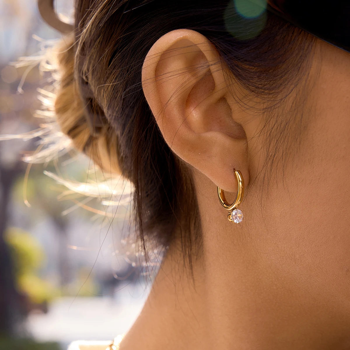 18K Gold Plated Huggie Hoop Earrings with Solitaire CZ Drop | Waterproof Round Brilliant Crystal Dangle Hoop Earrings | Minimalist Diamond Style Earrings