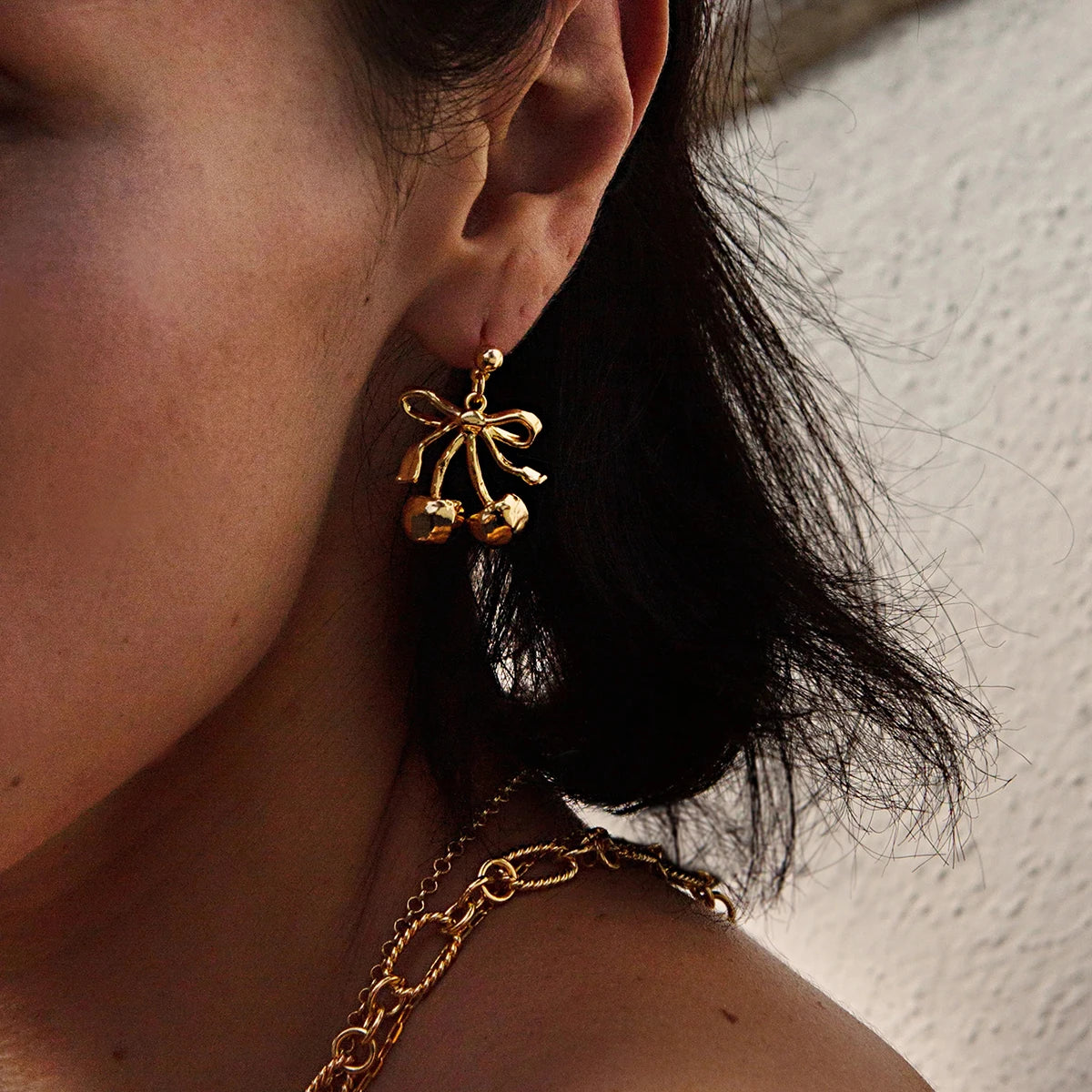 18K Gold Plated Bow Cherry Drop Earrings – Waterproof Tarnish-Free Statement Jewelry for Women