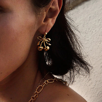 18K Gold Plated Bow Cherry Drop Earrings – Waterproof Tarnish-Free Statement Jewelry for Women