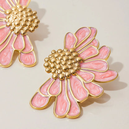 18K Gold Plated Floral Stud Earrings Set for Women – Waterproof Tarnish Free Stainless Steel Jewellery (Pink & White Variants)
