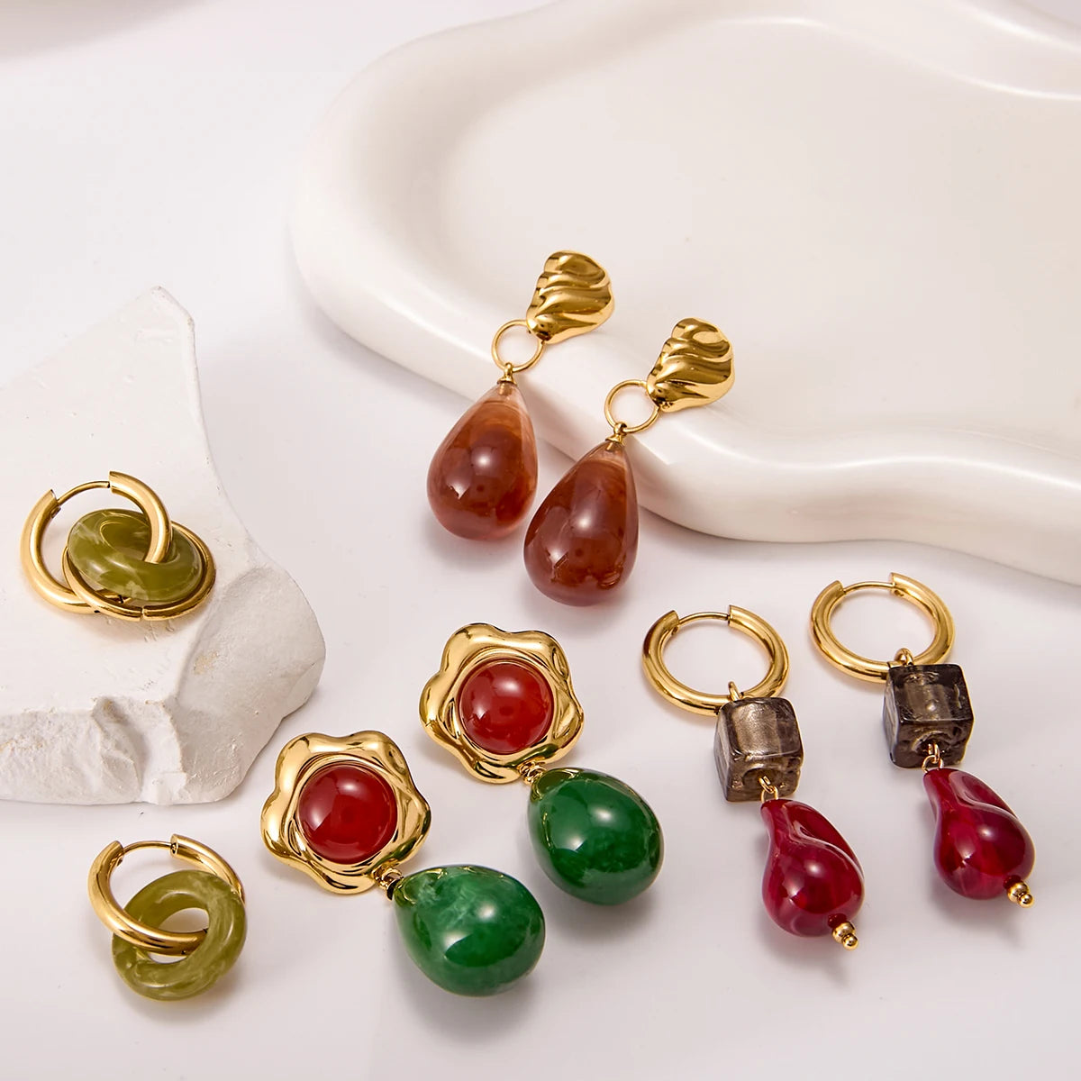 18K Gold Plated Green Drop Earrings – Waterproof Tarnish-Free Modern Statement Jewelry for Women